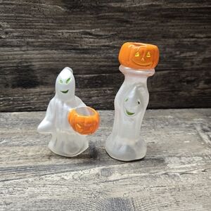 Vtg Set Celebrations Halloween Ghost And Pumpkin Crystal Glass Candle Holders